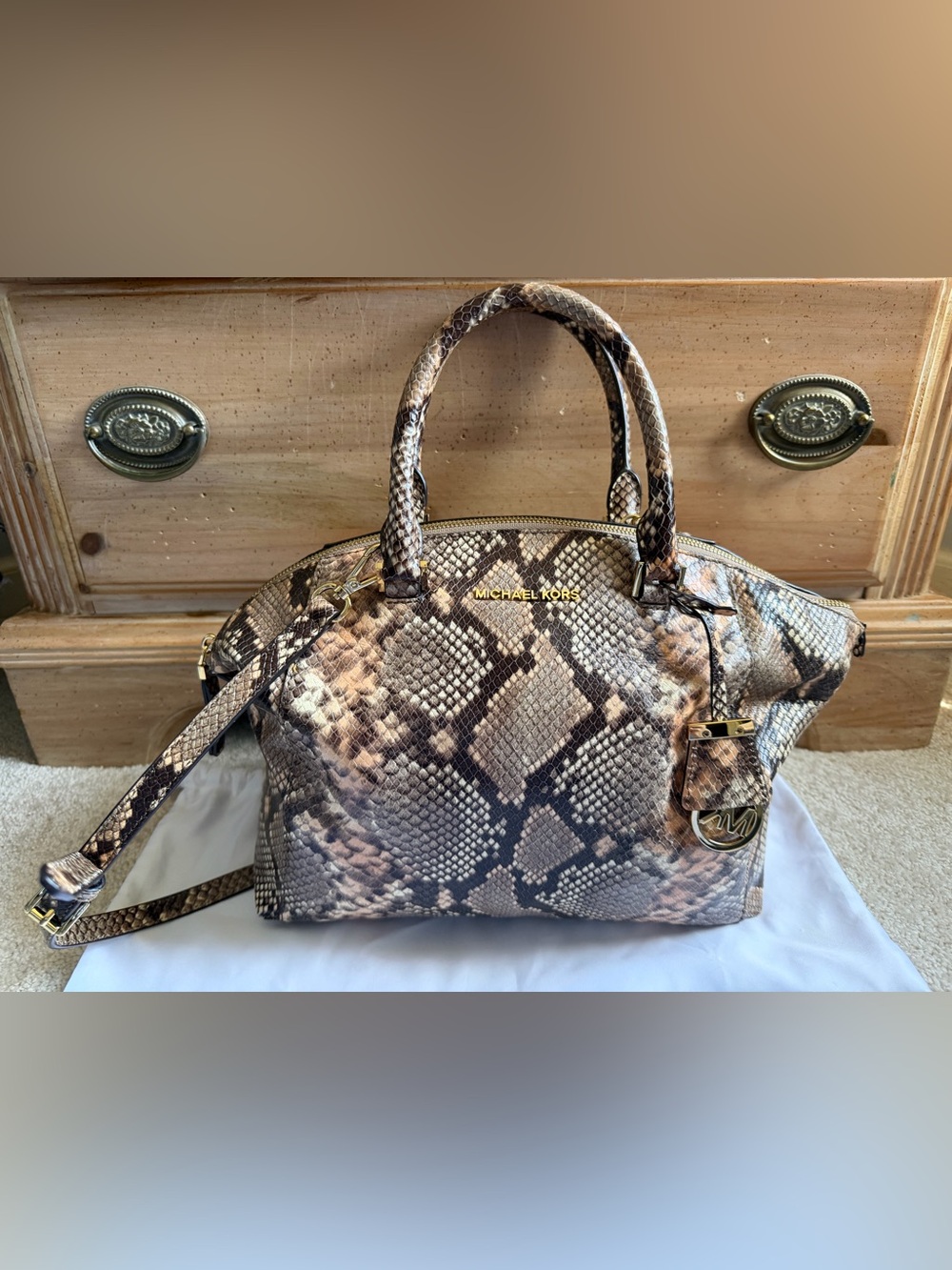 Michael Kors "Riley: Taupe and Black Snake-Print Satchel